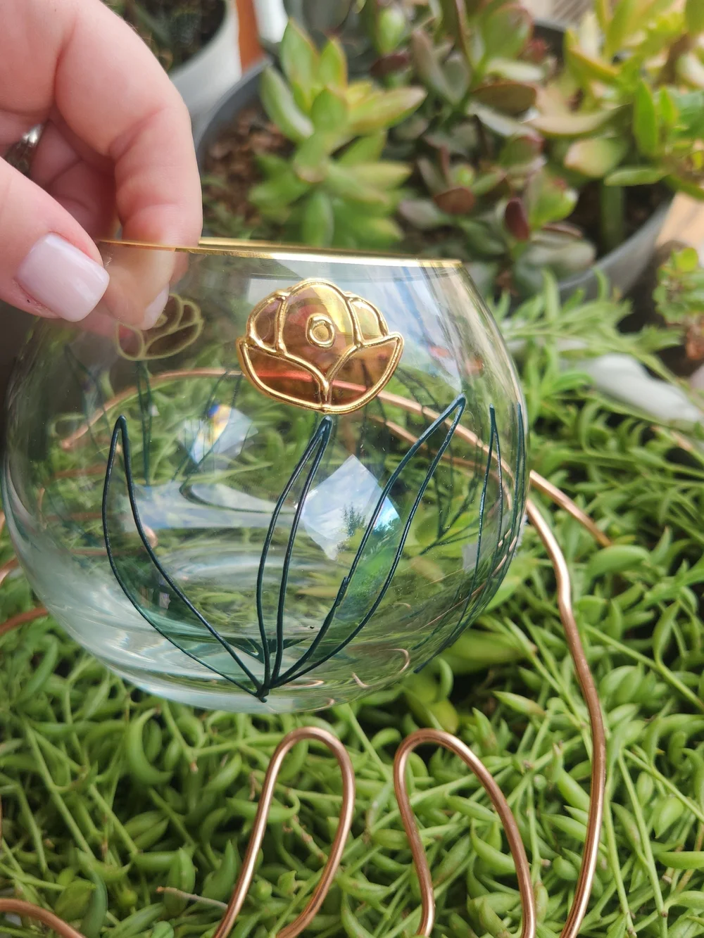 Vintage Romanian Crystal Bowl Vase Hand Painted Floral Gold Rim Mid Century Deco